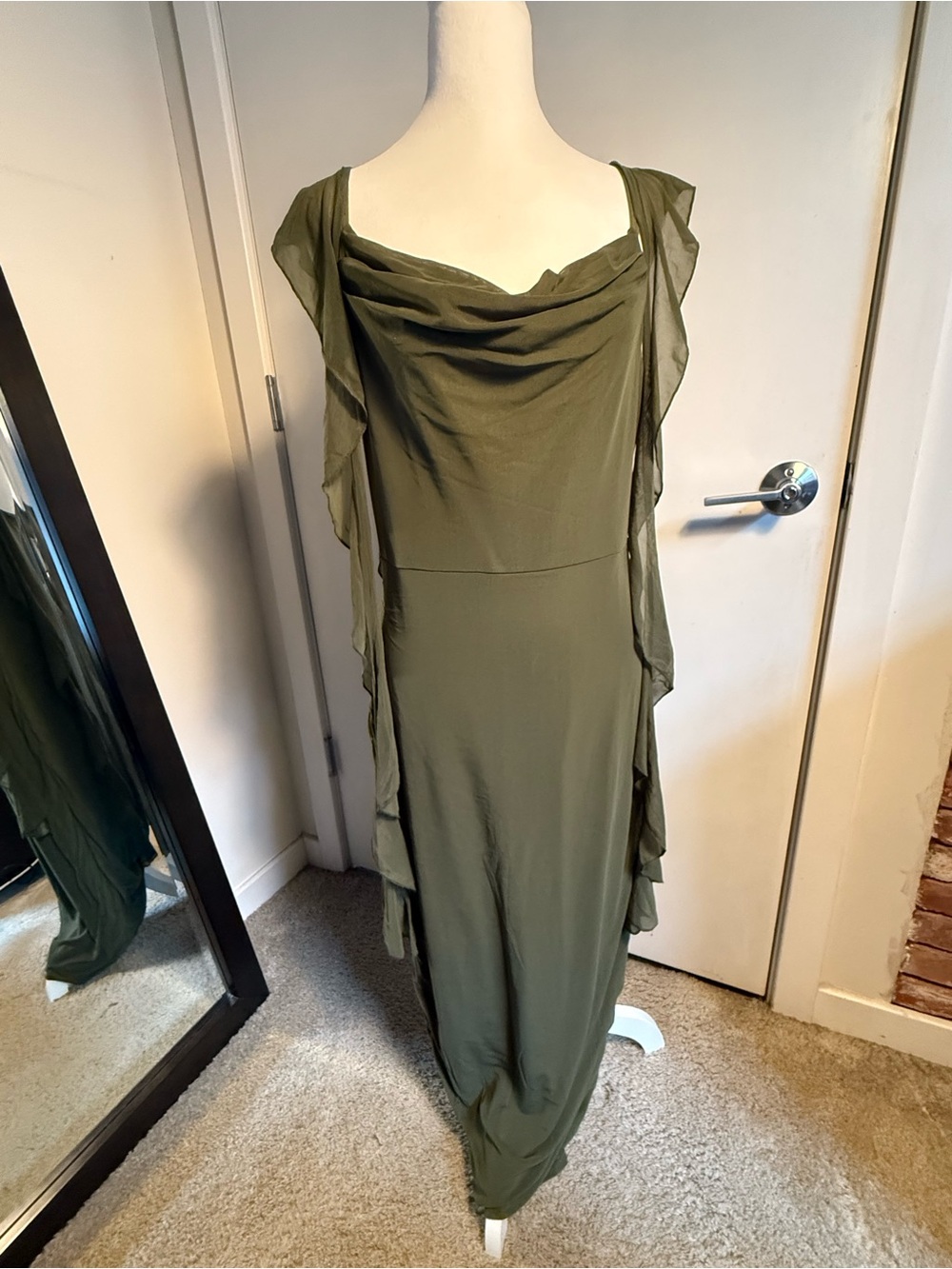Olive Green Draped Maxi Dress with Ruffle Panels